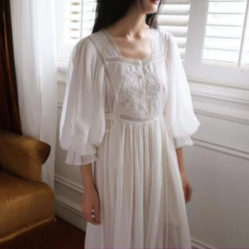 Tikand Puuvill Öö Kleit Naiste Kevad-Sügis Valge Haldjas Pikk Rüü Peignoir Vintage Victoria Nightgowns Printsess Sleepwear