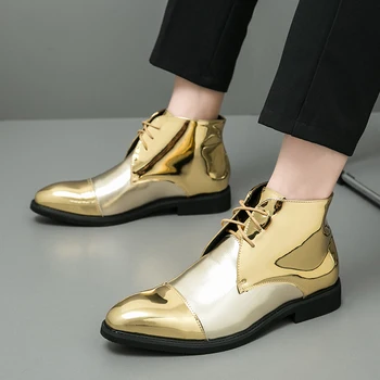 Kõrge kvaliteediga Chelsea Lääne-boot saapad Kuld metallik nahast poolsaapad Korter Vabaaja kingad mootorratta saapad Meeste nahast kingad