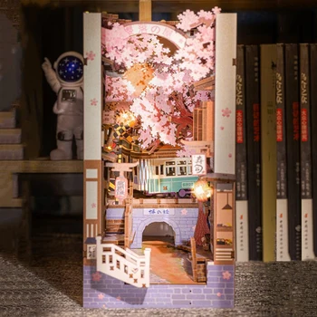 DIY Puidust Book Nook Riiul Insert Komplektid Kääbus Cherry Blossom Bookends Jaapani Nukk Maja Mänguasjad Raamaturiiul Kingitused Home Decor