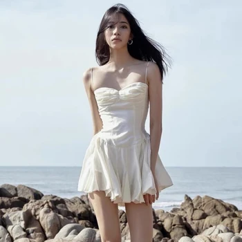 Naiste Suvine Kleit Suspender Valge Kleit Seksikas Backless-line Seelik Vintage Lühike Kleit Holiday Beach Seelik, Naiste Rõivad