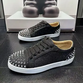 meeste luksuslik moe-korterid kingad musta hõbe brändi disainer needid hingav kinga platvormi tossud punk rock kleidid jalatsid
